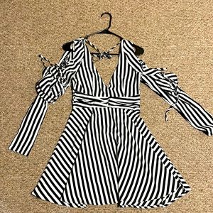 Black and white stripe dress with peek-a-boo sleeves